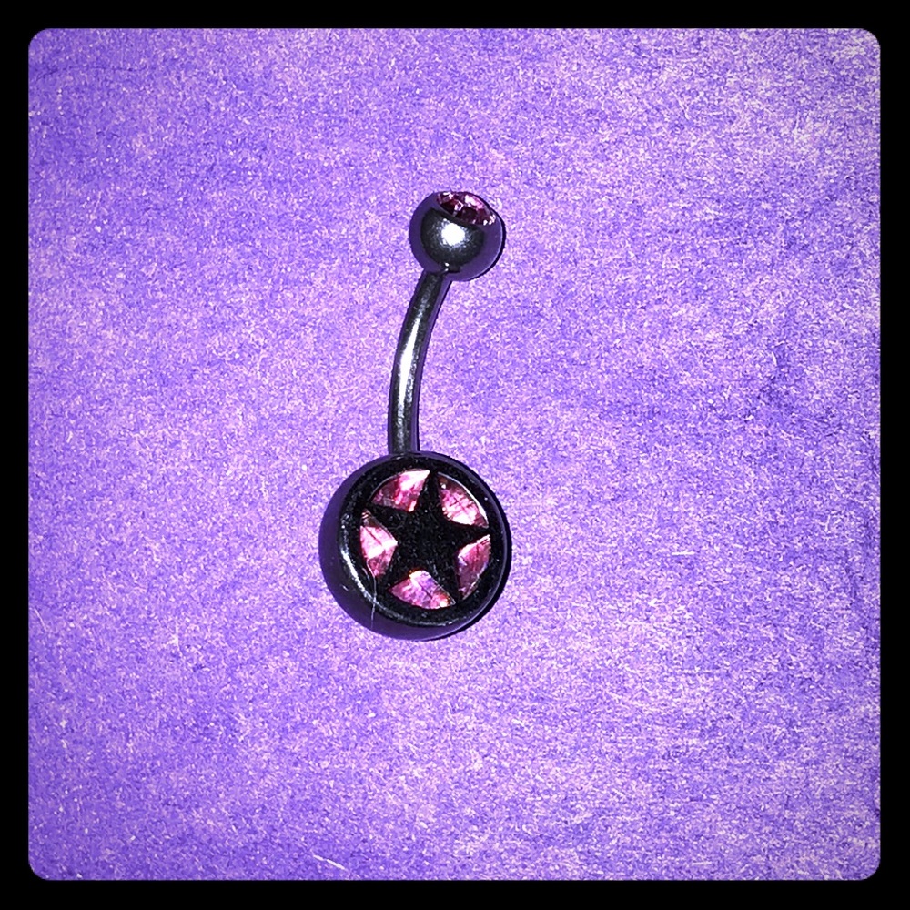 Rock Star Steel Navel Ring w/ Light Pink Gemstone - Picture 2 of 6